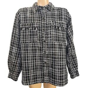 Cato Black White Tweed Shirt Jacket‎ Shacket Button Front Fringe Pockets Small